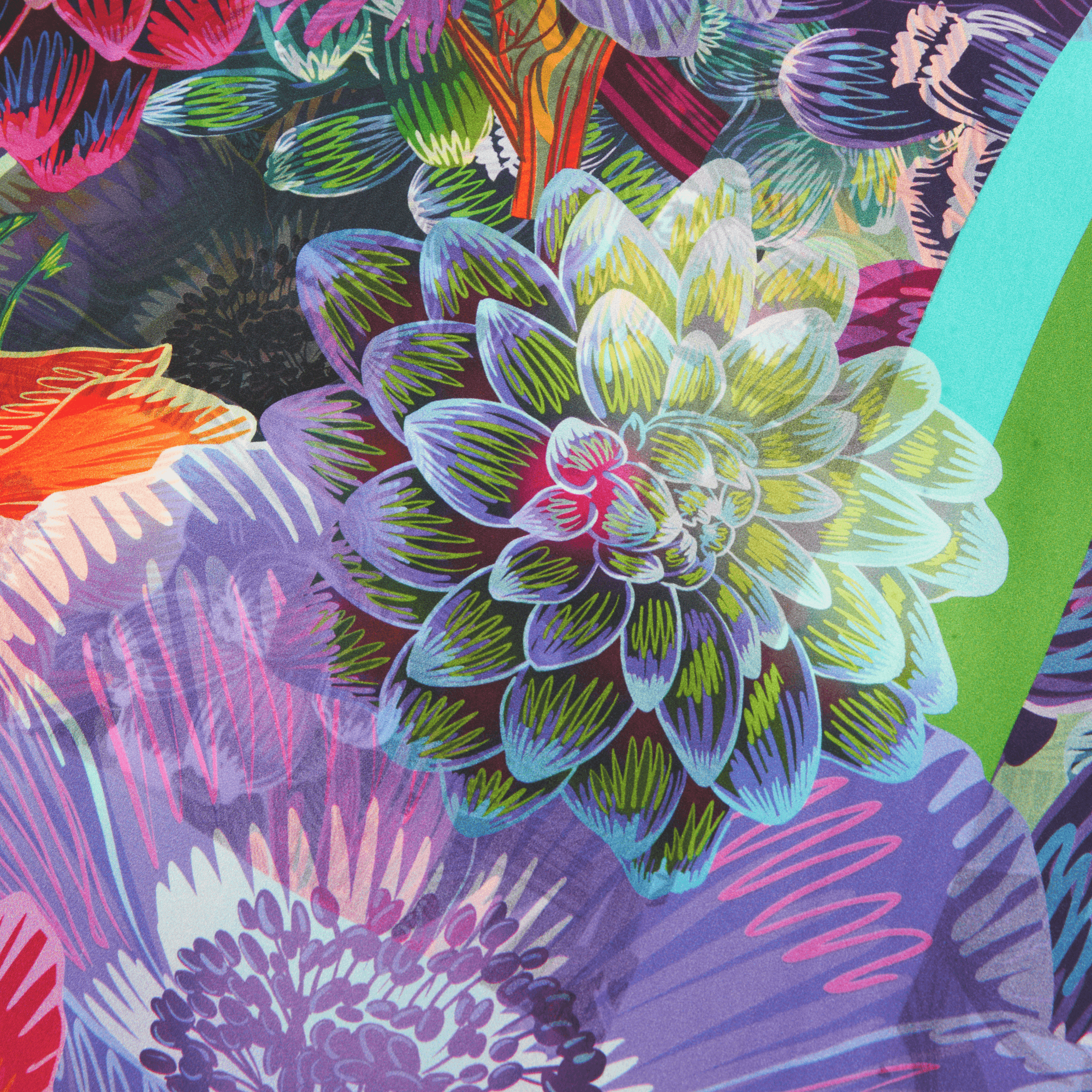 Colorful floral pattern with a prominent flower in the center.