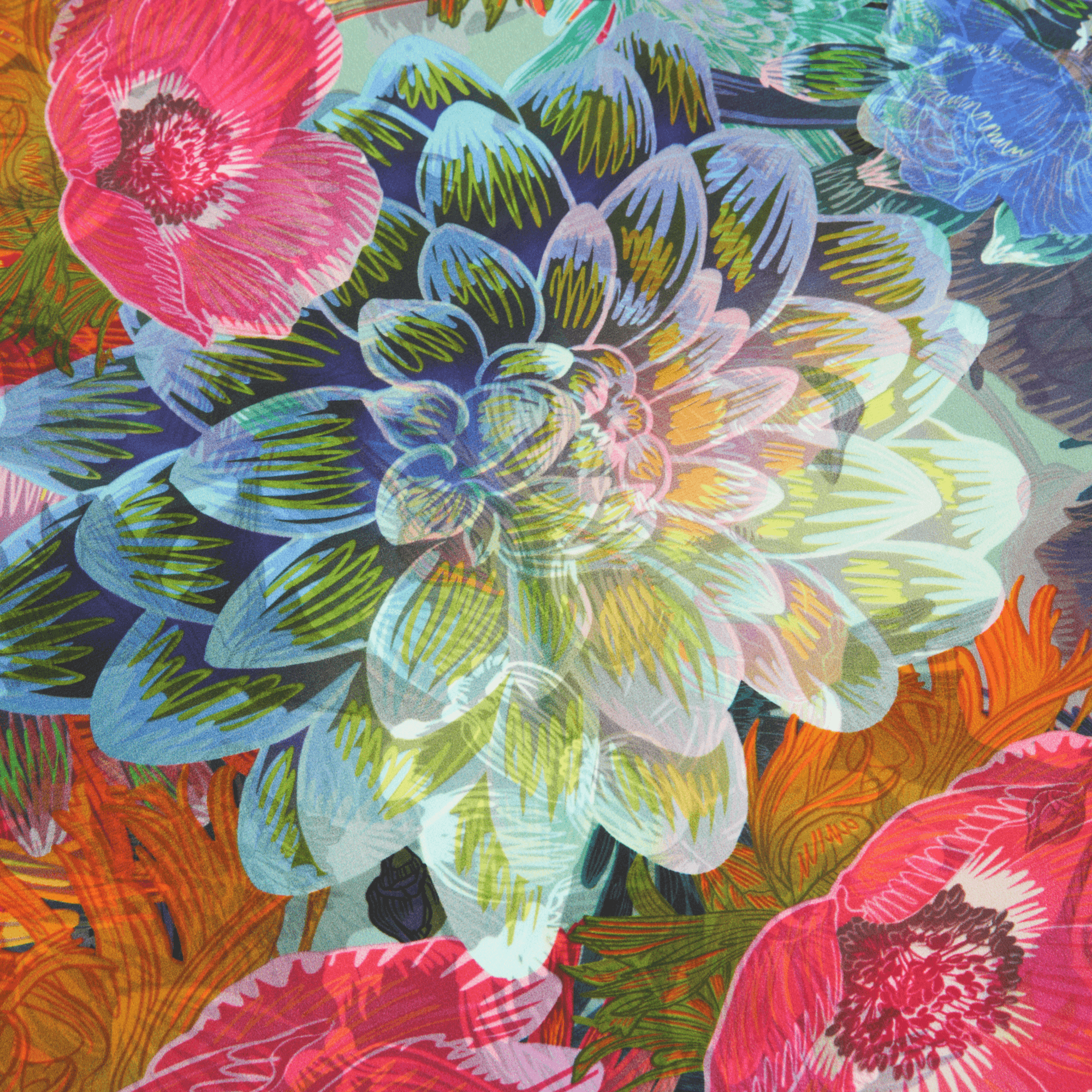 Colorful floral pattern with a prominent flower in the center.