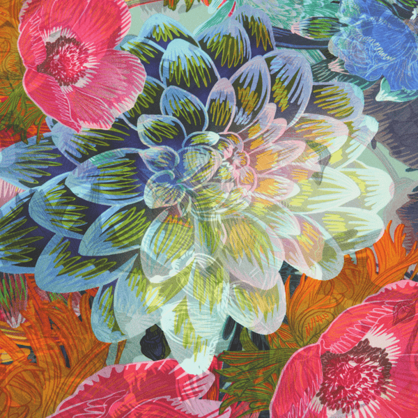 Colorful floral pattern with a prominent flower in the center.