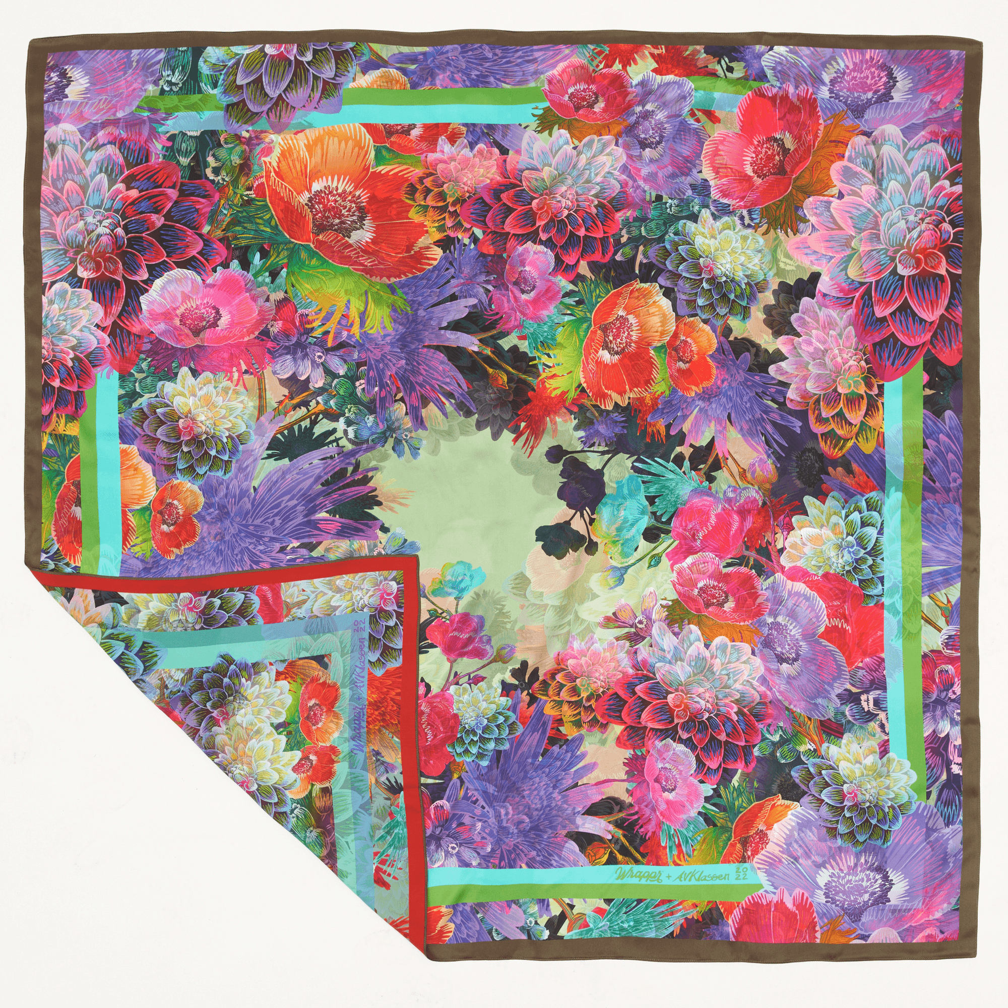 Wrappr Delilah silk furoshiki wrap showing vibrant summer floral print by Toronto artist Adam Klassen