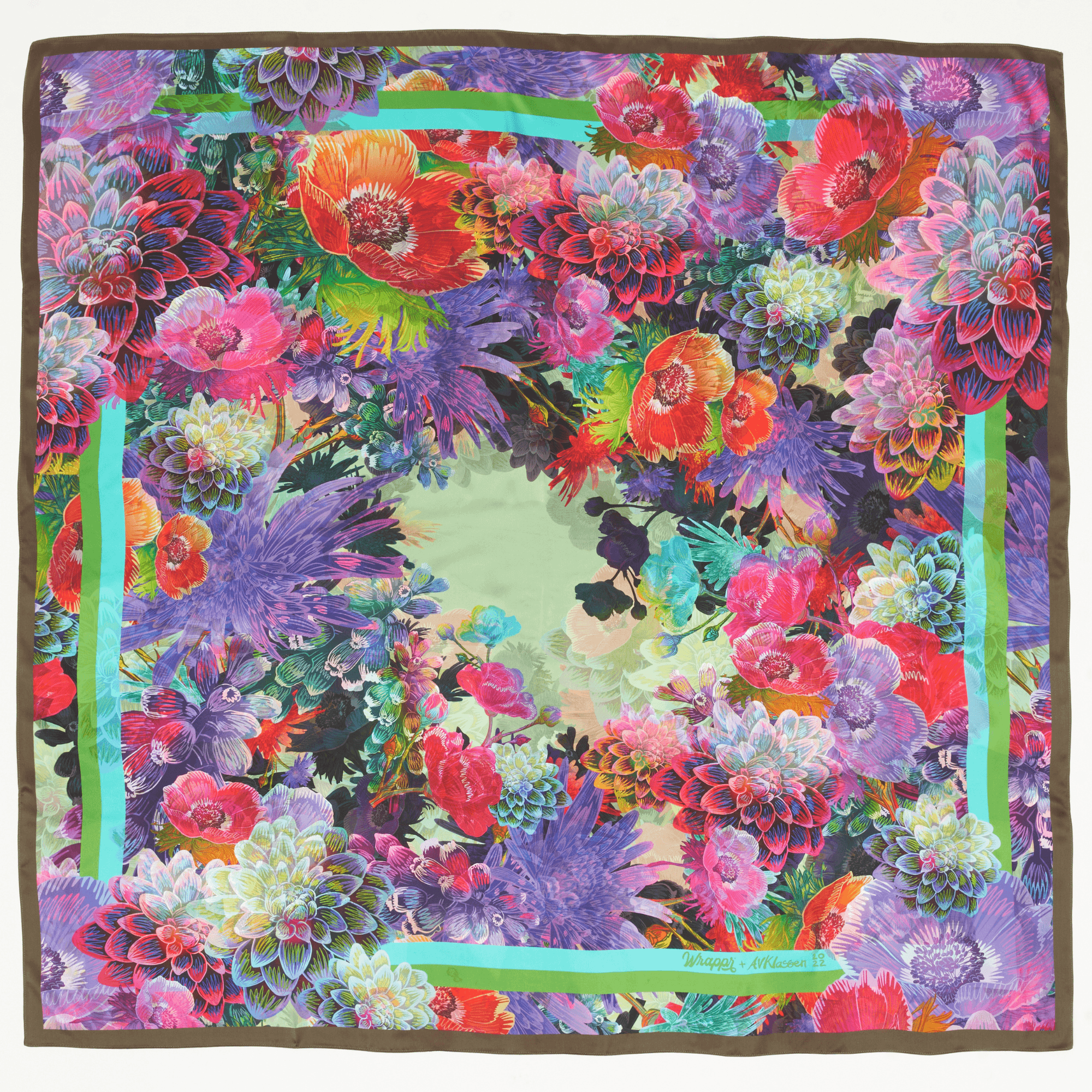 Colorful floral scarf with vibrant flowers and green border