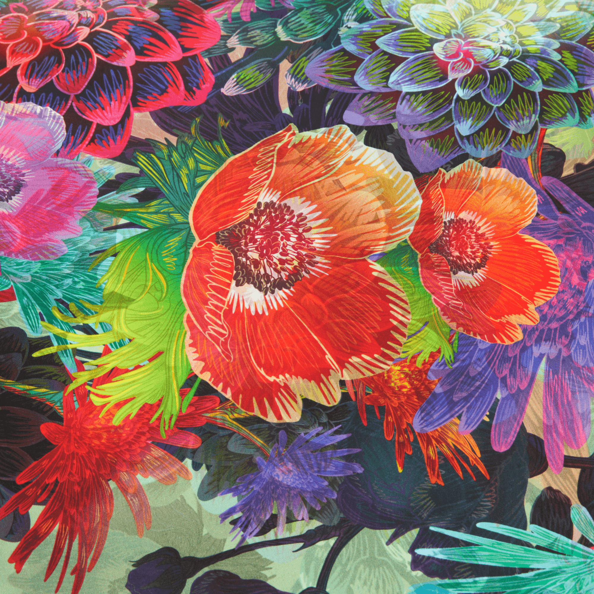 Colorful floral pattern with vibrant flowers and leaves on a dark background