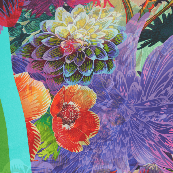 Colorful floral pattern with vibrant flowers and leaves on a multicolored background