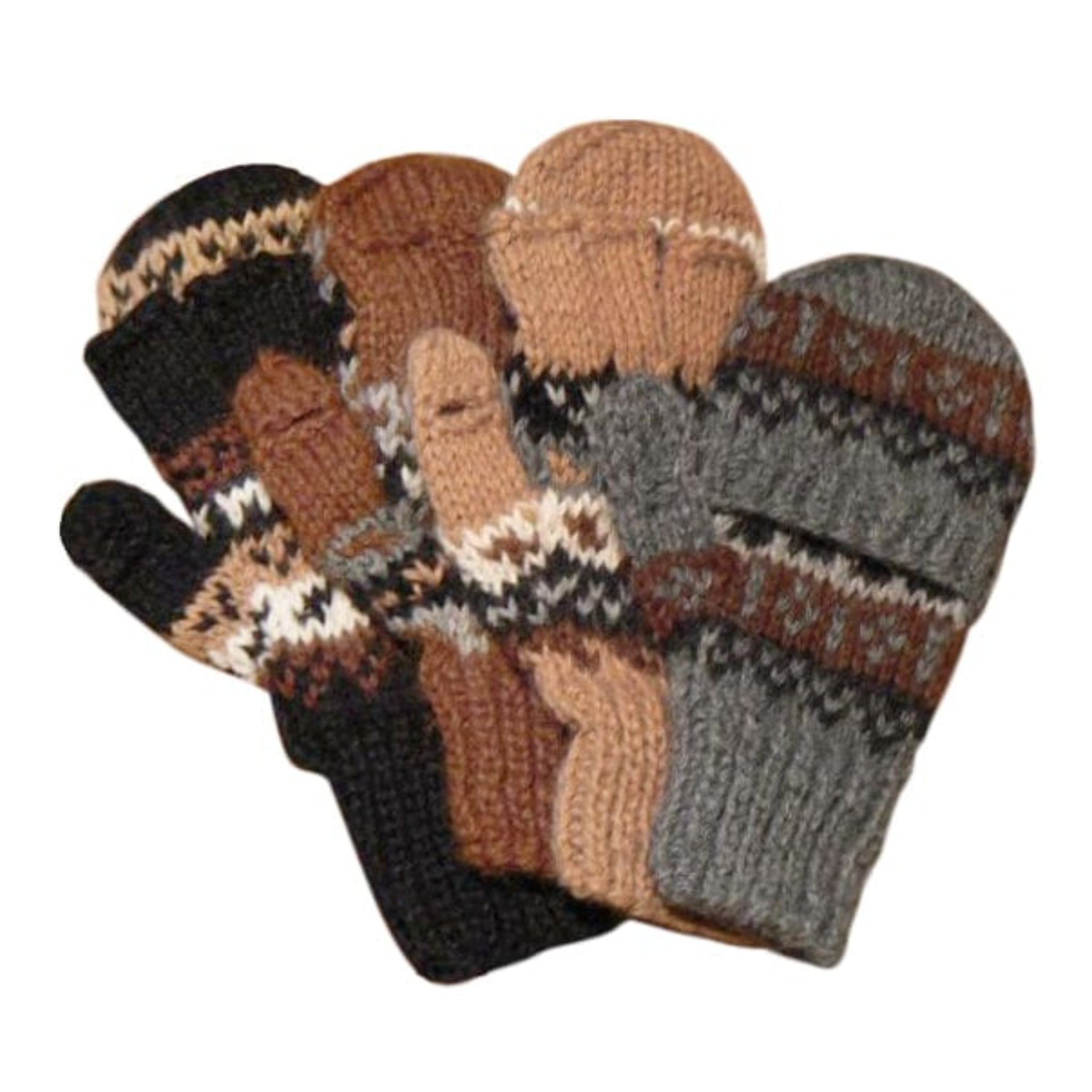 Set of knitted mittens in brown, black, and gray on a white background