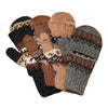 Set of knitted mittens in brown, black, and gray on a white background