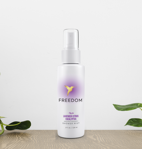 Lavender and eucalyptus essential oil shower mist spray for aromatherapy and stress relief