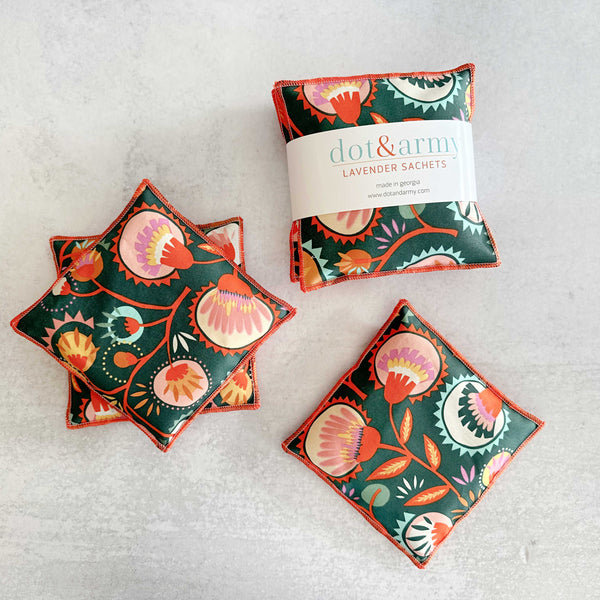 Close-up of Desert Bloom floral print lavender sachets, 5x5 inch cotton and linen blend, set of two by Dot and Army