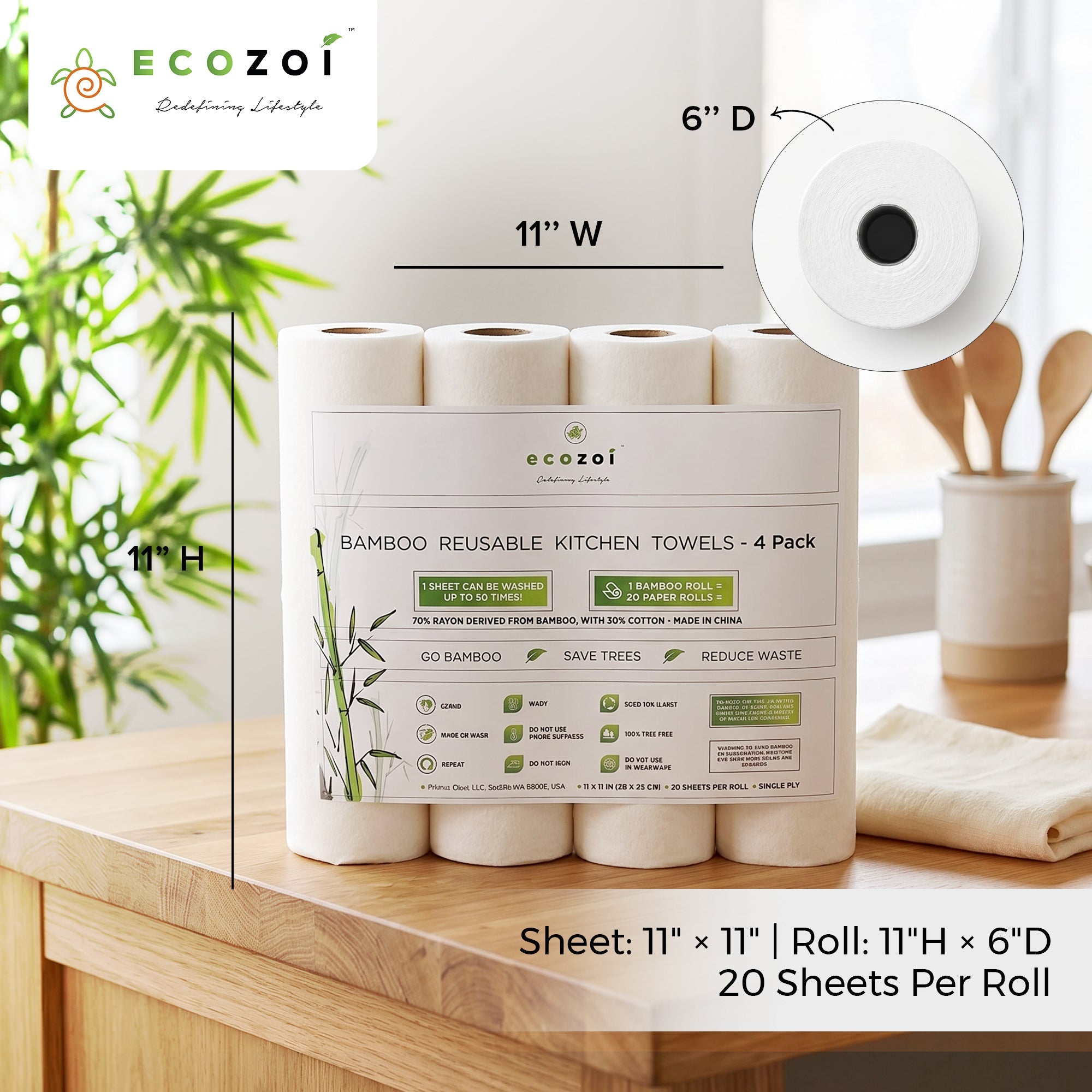 Reusable Bamboo Paper Towels | Tree-Free, Washable Rolls 4-Pack