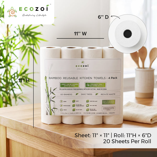 Reusable Bamboo Paper Towels | Tree-Free, Washable Rolls 4-Pack