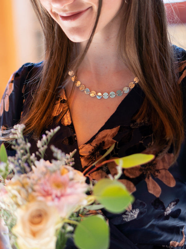 Fair Anita disc chain short necklace styled as a bridesmaid gift