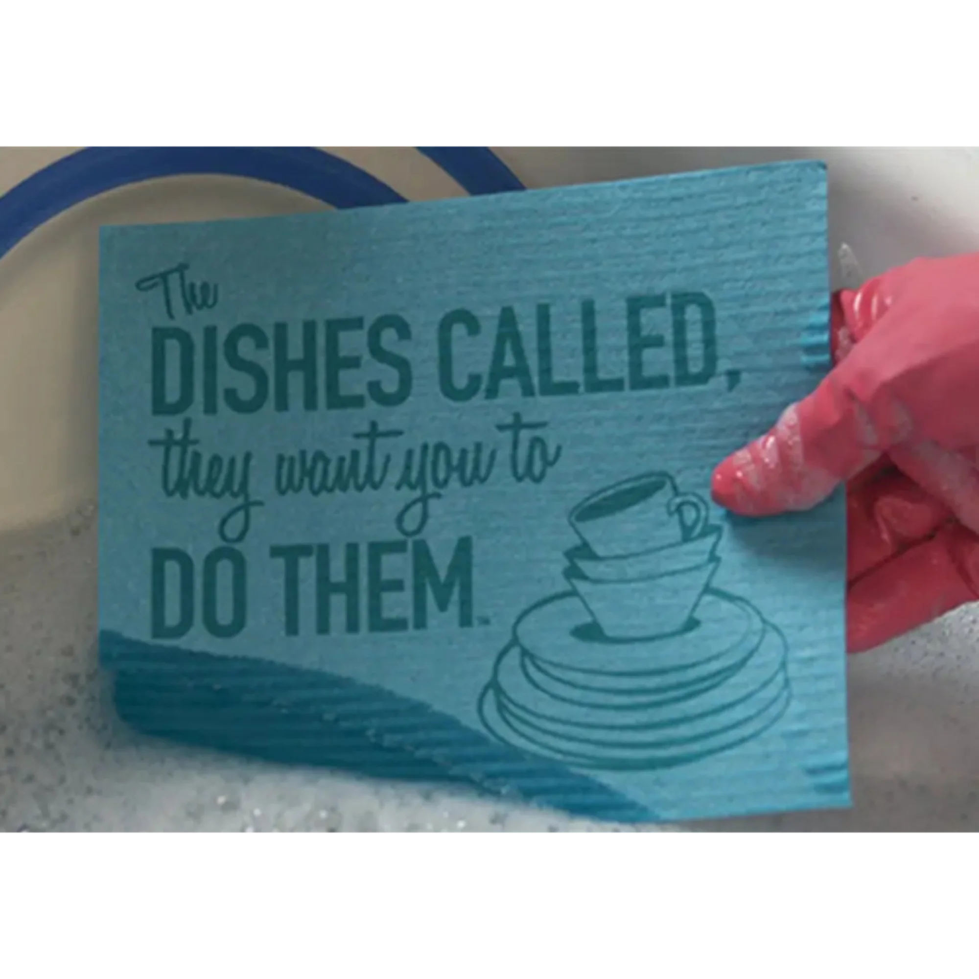 Close-up of the 'Dishes Called' reusable Swedish dishcloth showing bold one-color printed design, 8 x 6.75 inches