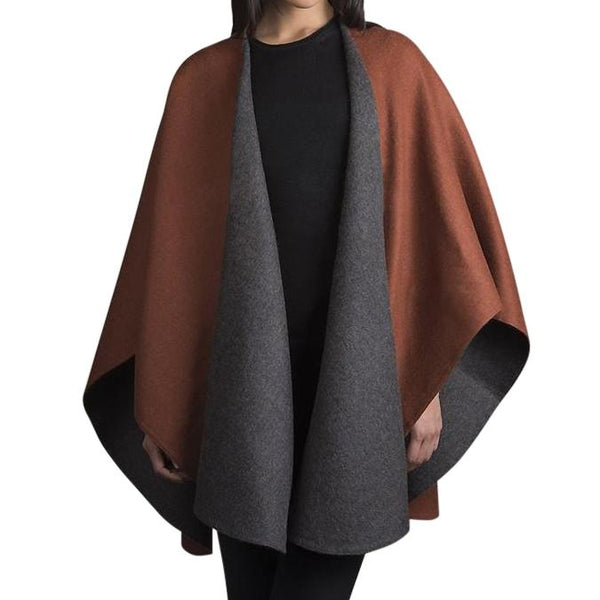 Purely Alpaca double face ruana draped over shoulders showing luxurious 100% baby alpaca texture and generous length