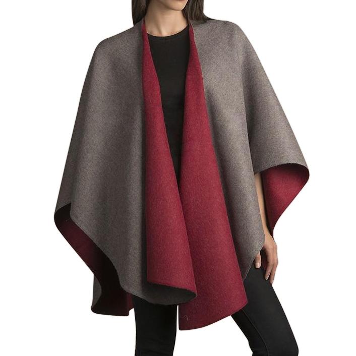 Model wearing Purely Alpaca double face ruana as a wrap poncho, styled for everyday wear