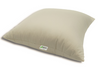 Beige pillow with a brand logo on a white background