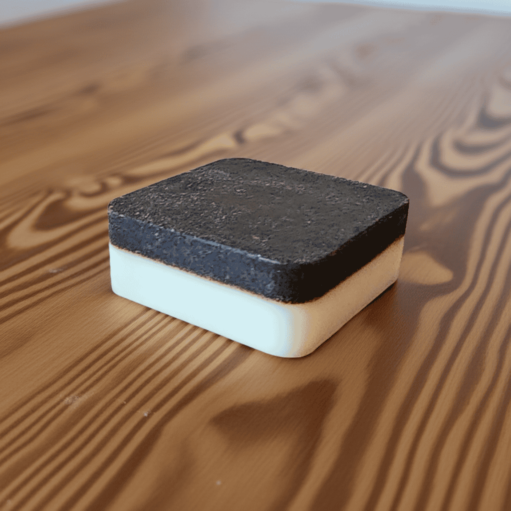 Square cleaning sponge with black top and white bottom on a wooden surface