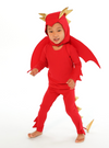 Child wearing a red dragon costume on a white background