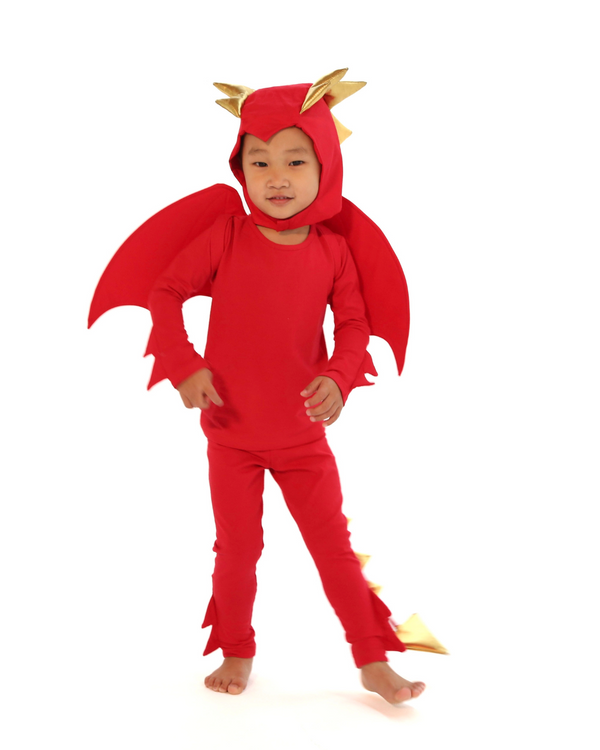 Child wearing a red dragon costume with wings and horns on a white background