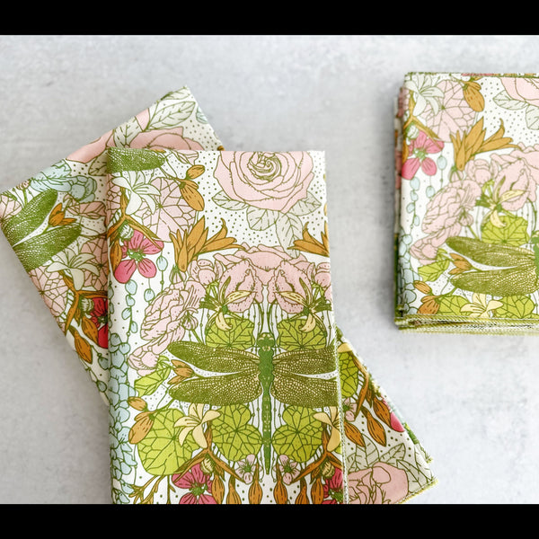 Dragonfly print cotton cloth napkins set of four by Dot and Army in soft garden colours