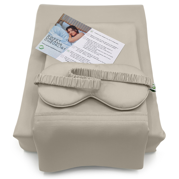 Beige nursing bra and shorts set with a card on top against a white background