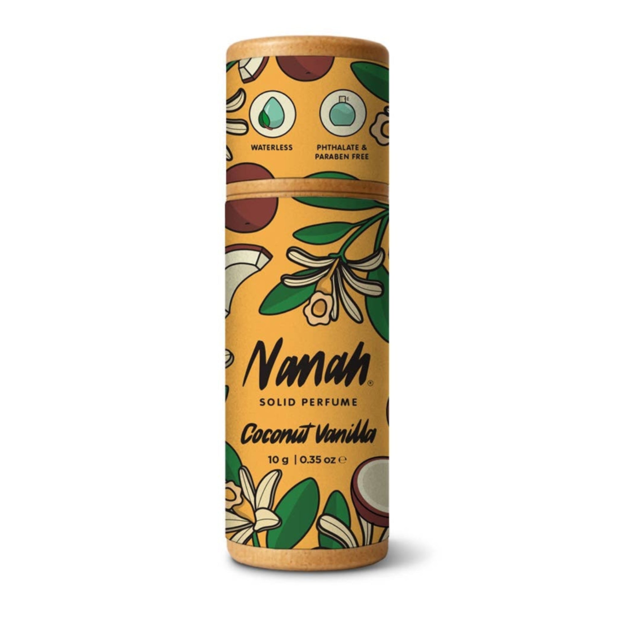 Solid perfume tube with colorful label on a white background. solid perfume natural, vanilla coconut perfume, natural solid fragrance, essential oil perfume, phthalate free perfume, paraben free perfume, plastic free perfume, vegan solid perfume, cruelty free fragrance, lotus flower perfume, sandalwood vanilla perfume, alcohol free perfume, travel perfume solid, long lasting natural perfume, clean beauty perfume, solid perfume bar, handmade natural perfume, sustainable perfume, compostable perfume packaging
