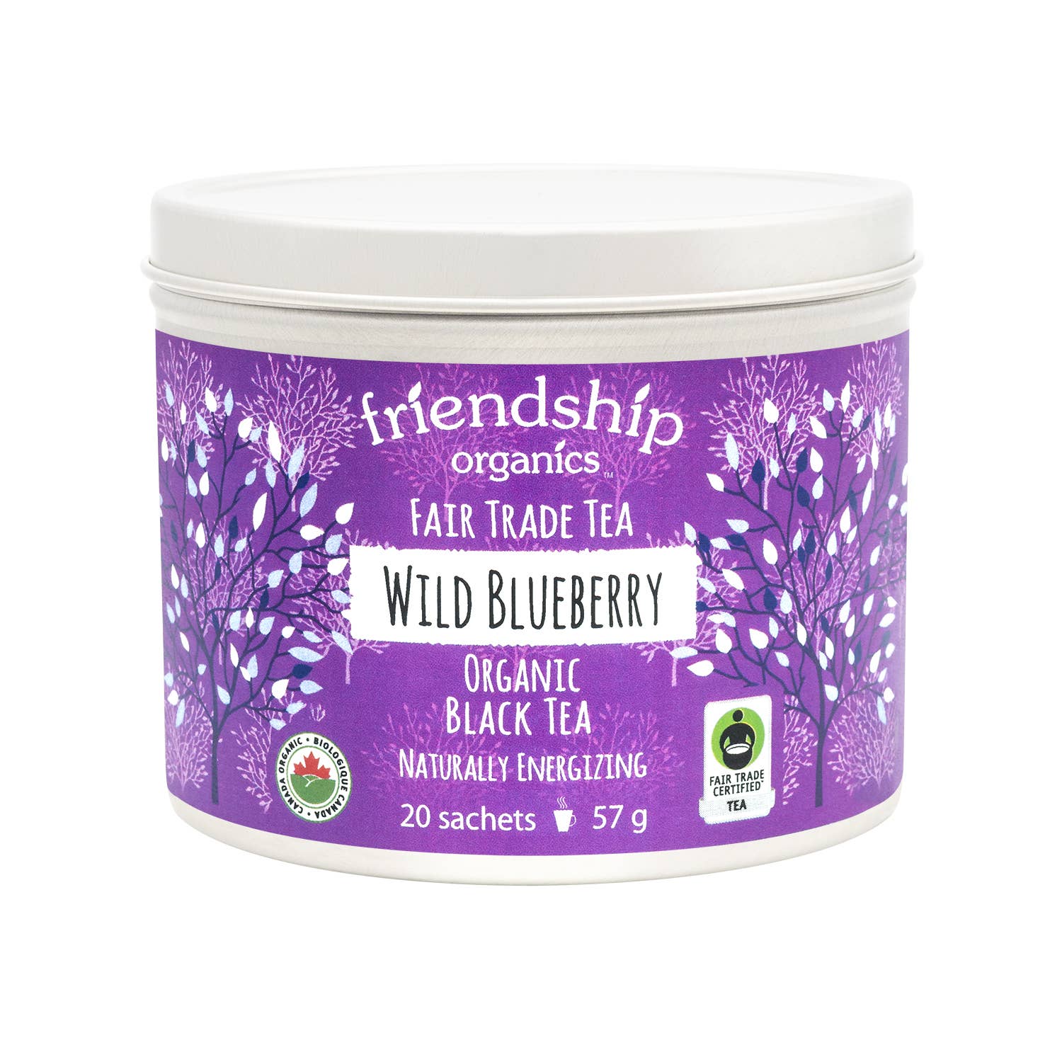 Fair Trade and Organic certified blueberry black tea packaging by Friendship Organics