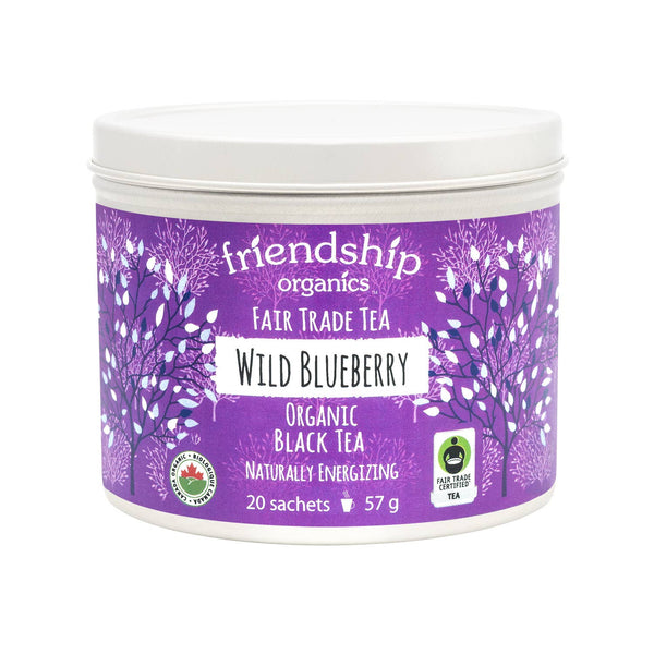 Fair Trade and Organic certified blueberry black tea packaging by Friendship Organics