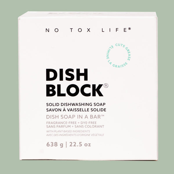 Box of No Tox Life Dish Block solid dishwashing soap on a light green background