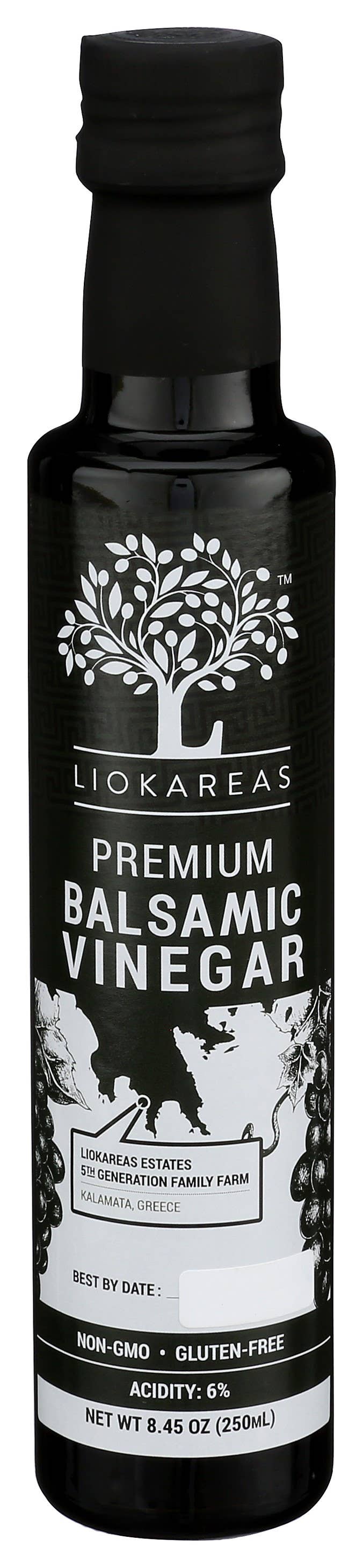 LioKareas Premium Balsamic Vinegar bottle on a white background