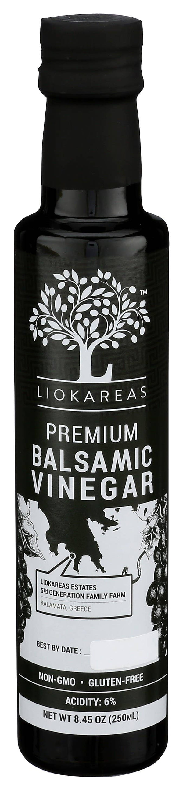 LioKareas Premium Balsamic Vinegar bottle on a white background