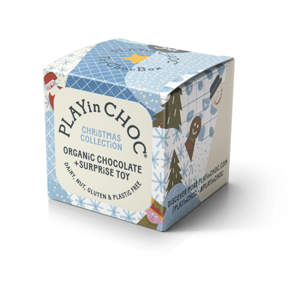Playin Choc Christmas Collection organic chocolate and surprise toy packaging on a white background