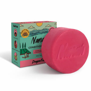 NANAH Dragon Fruit Conditioner Bar in pink with branded packaging on a white background — sulfate-free solid conditioner for dry and damaged hair