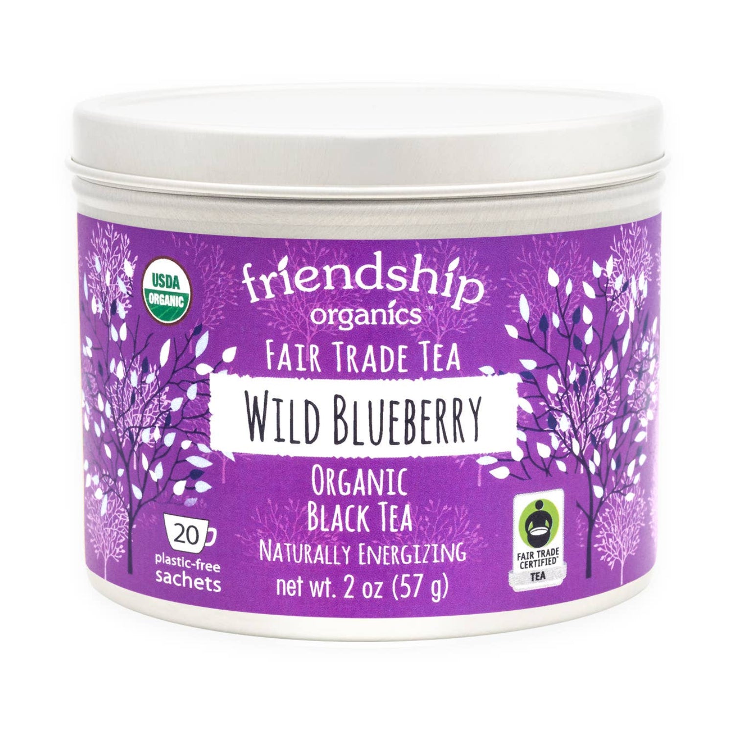 Organic blueberry black tea in a reusable recyclable tin by Friendship Organics
