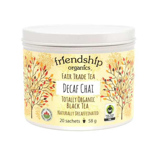 Jar of friendship organics Decaf Chai tea on a white background