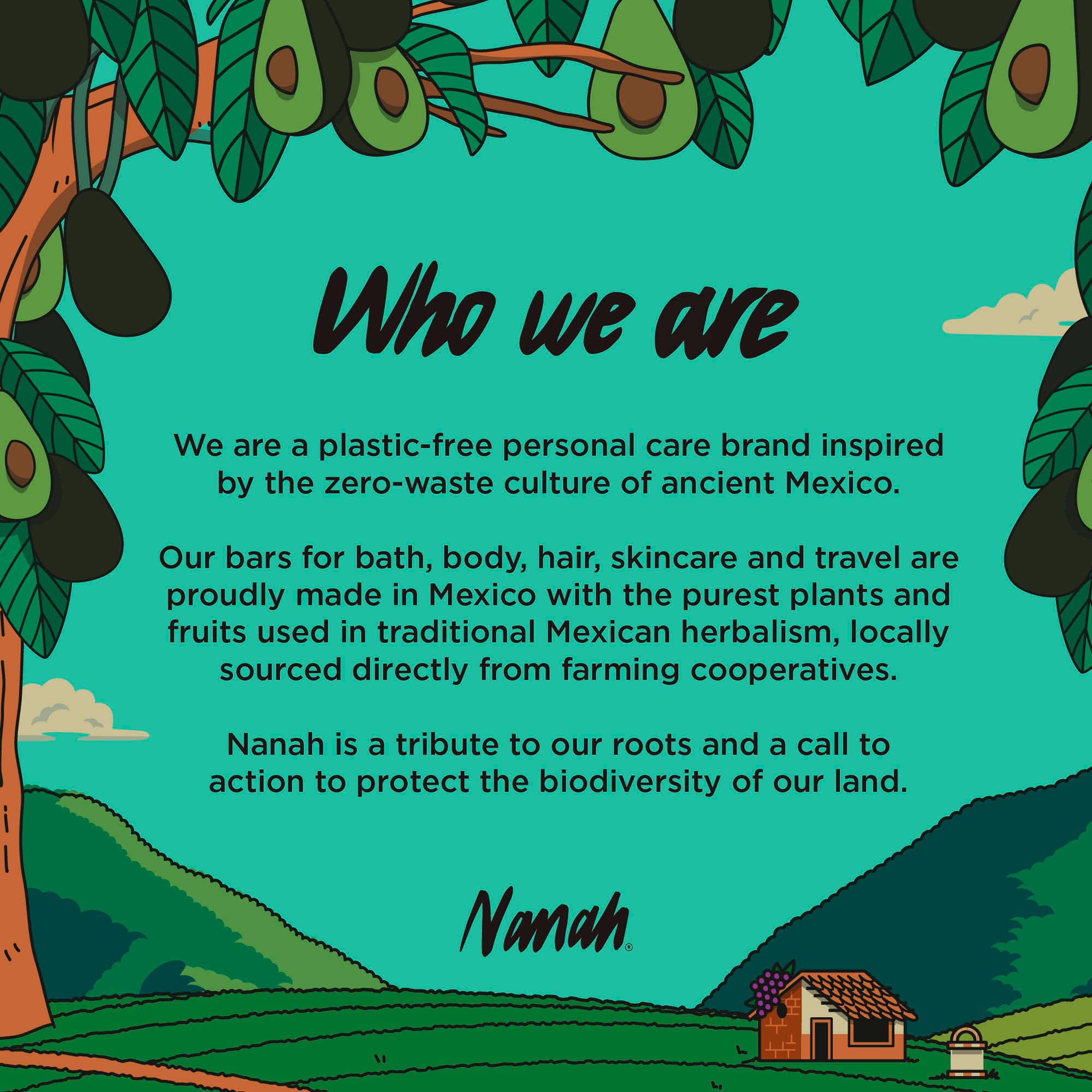 Plastic-free personal care brand inspired by ancient Mexico with scenic background and avocado trees.