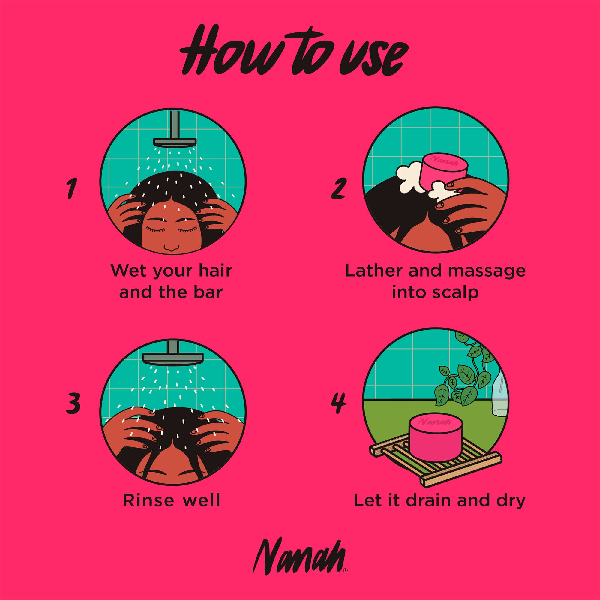 Instructions on how to use a hair care product with illustrations and text on a pink background.