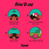 Instructions on how to use a hair care product with illustrations and text on a pink background.