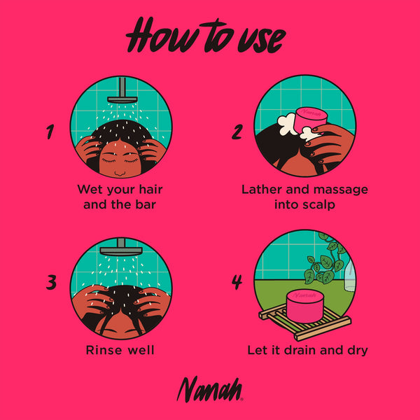 Instructions on how to use a hair care product with illustrations and text on a pink background.