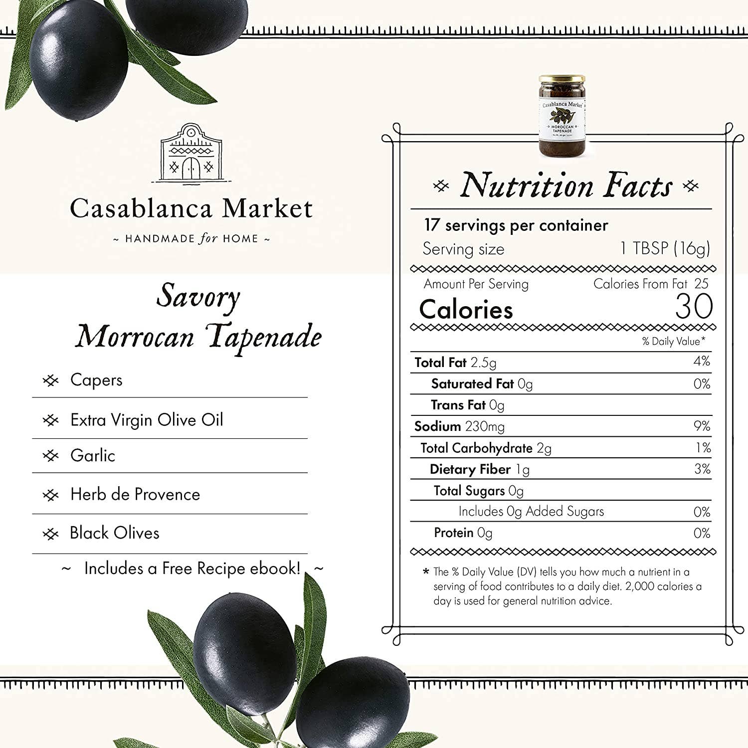 Nutrition facts label for Casablanca Market Savory Moroccan Tapenade with olive graphics.