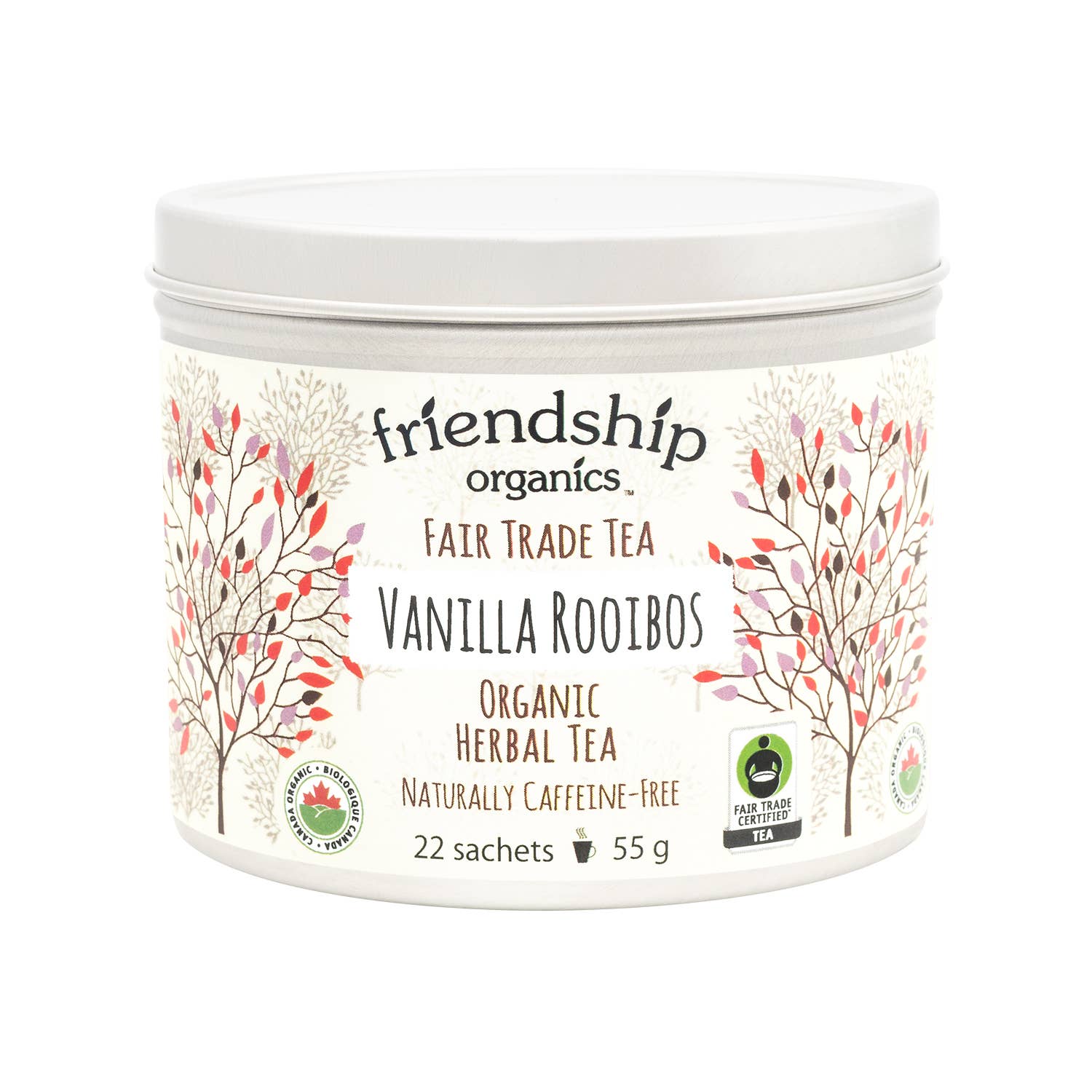 Jar of Vanilla Rooibos tea by friendship organics on a white background