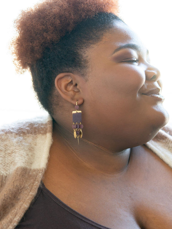 Fair Anita earthy red and gold brass earrings styled – ethically made nickel-free jewellery
