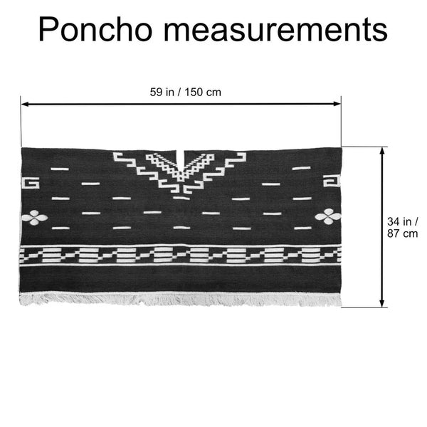 Black poncho with white patterns and measurements on a white background