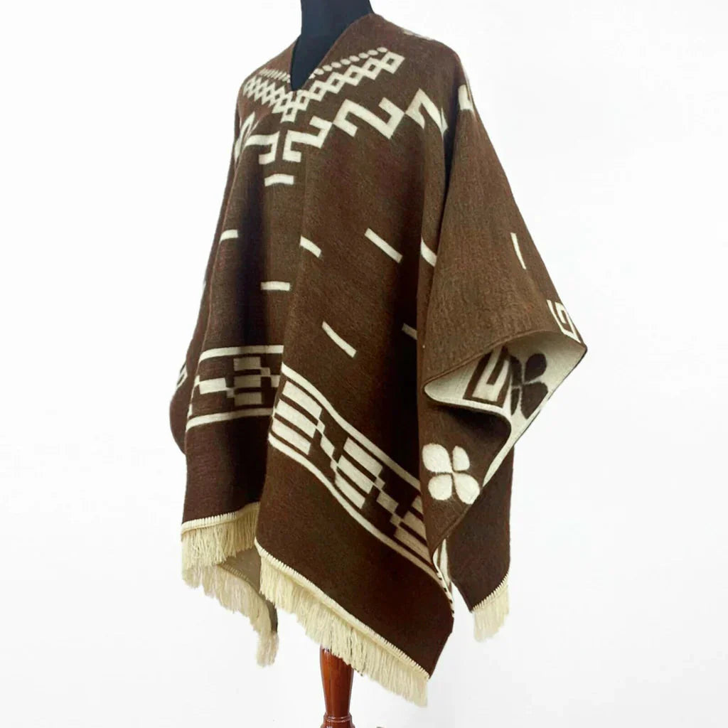 Eastwood alpaca poncho in Western cowboy style with fringe detail, handcrafted in Ecuador