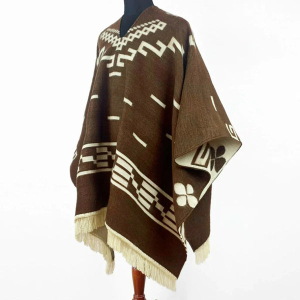 Eastwood alpaca poncho in Western cowboy style with fringe detail, handcrafted in Ecuador
