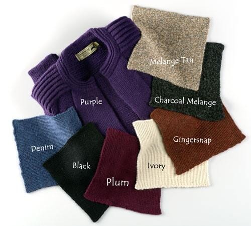 Collection of knit swatches in various colors with labels on a white background