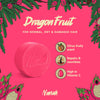 Pink soap bar with 'Nanah' branding on a pink background with dragon fruit illustrations. NANAH Dragon Fruit conditioner bar — sulfate-free, repairs dry & damaged hair with organic pitahaya, vitamin B5 & mango butter. Replaces 3 bottles. Shop now.