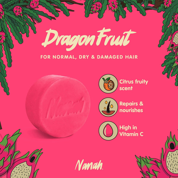 Pink soap bar with 'Nanah' branding on a pink background with dragon fruit illustrations. NANAH Dragon Fruit conditioner bar — sulfate-free, repairs dry & damaged hair with organic pitahaya, vitamin B5 & mango butter. Replaces 3 bottles. Shop now.
