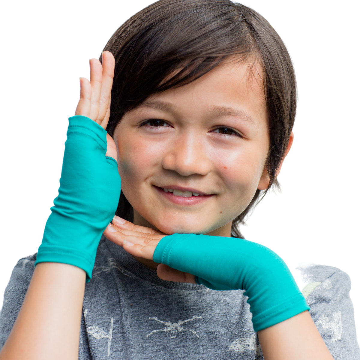 Remedywear kids fingerless eczema gloves in TENCEL and zinc fabric worn on a child's hand