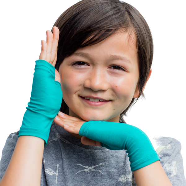 Remedywear kids fingerless eczema gloves in TENCEL and zinc fabric worn on a child's hand