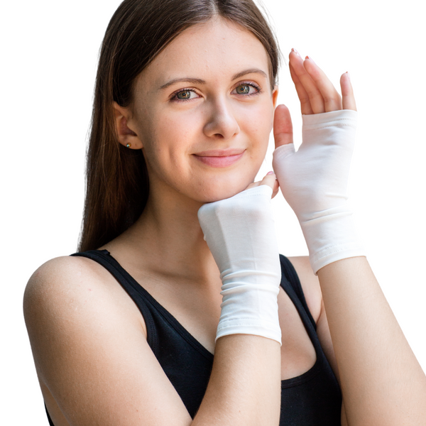 Remedywear adult fingerless eczema gloves paired with eczema honey balm for palm and wrist eczema treatment