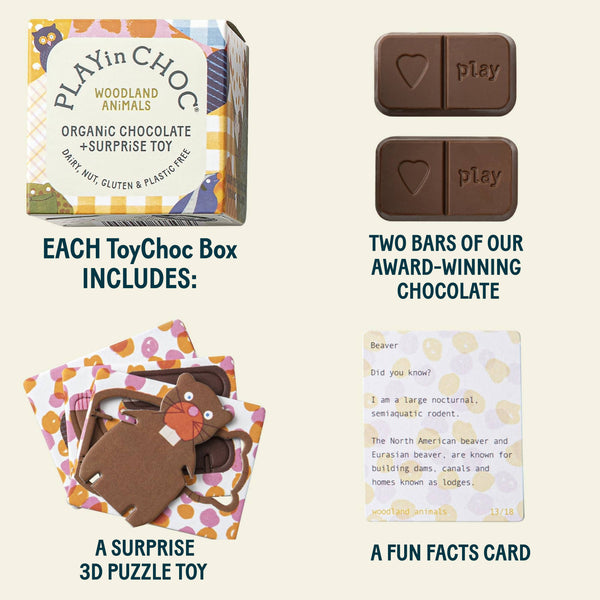 Playin Choc chocolate bars with packaging and toy on a beige background